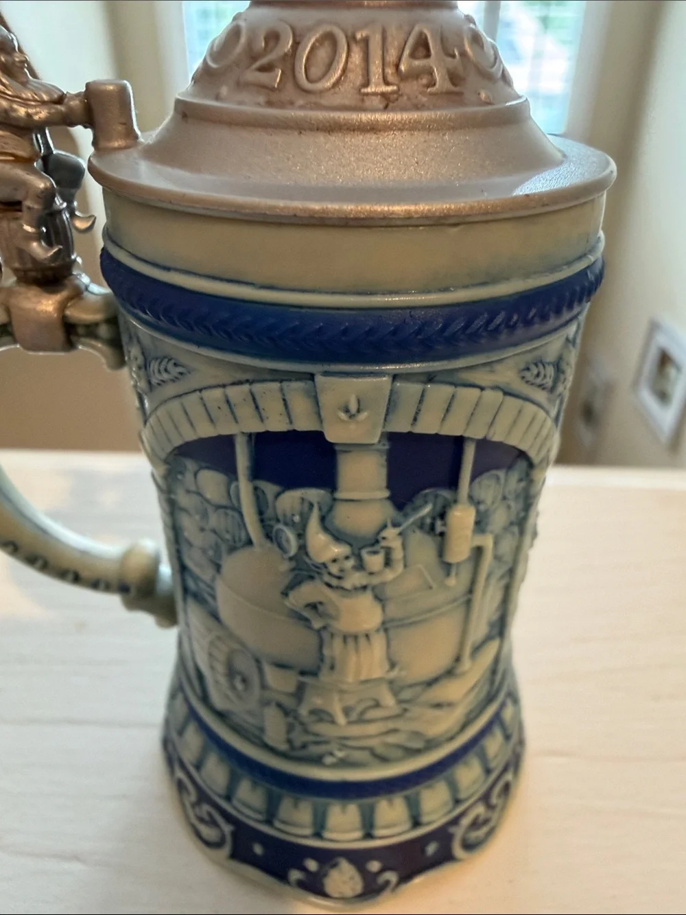 Hallmark Blue and White Ceramic-Style Beer Stein Ornament with Pewter-Tone Lid